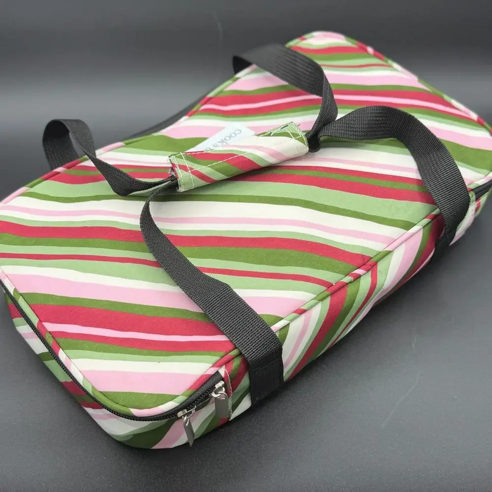 Cook’s Tools Insulated Casserole Carrier Pink Green Striped 14.5 Inch